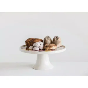 3R Studios Single-Tier White Stoneware Cake Stand with Multicolor Flowers