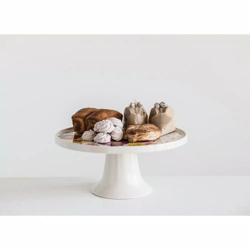 3R Studios Single-Tier White Stoneware Cake Stand with Multicolor Flowers