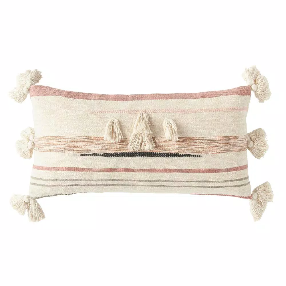 3R Studios Pink and Brown Striped Kilim Lumber 28 in. x 14 in. Throw Pillow