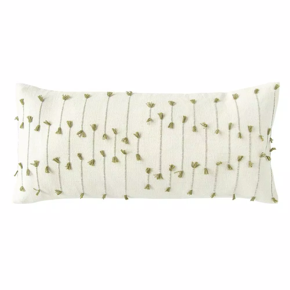 3R Studios White with Green Accents Handwoven Lumbar 36 in. x 16 in. Throw Pillow