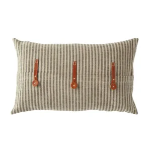 3R Studios Black and Beige Striped Cotton Ticking with Leather Accents 20 in. x 12 in. Throw Pillow
