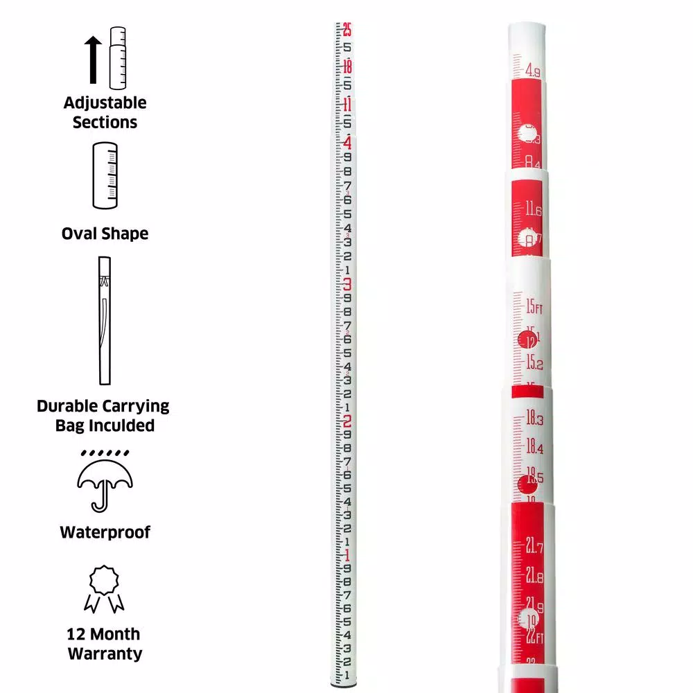 AdirPro 25 ft. Surveyor Oval Shaped Leveling Grade Rod in 10ths Scale