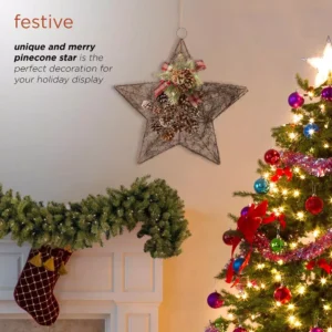 Alpine Corporation 20 in. Tall Hanging Rustic Pinecone Christmas Star Decor