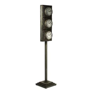 Zentique Antique Grey Floor Clock with 3 Clock Faces and Storage