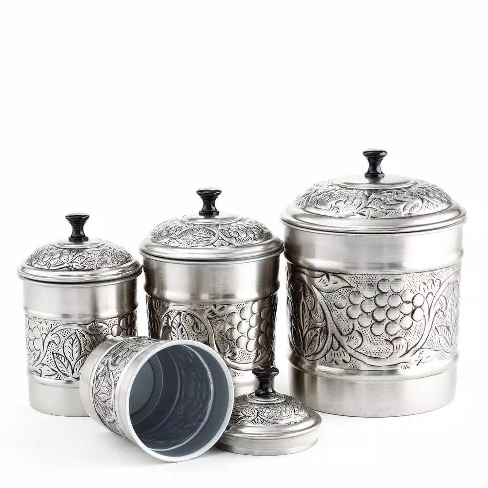 Old Dutch 4-Piece Antique Pewter Embossed "Heritage" Canister Set