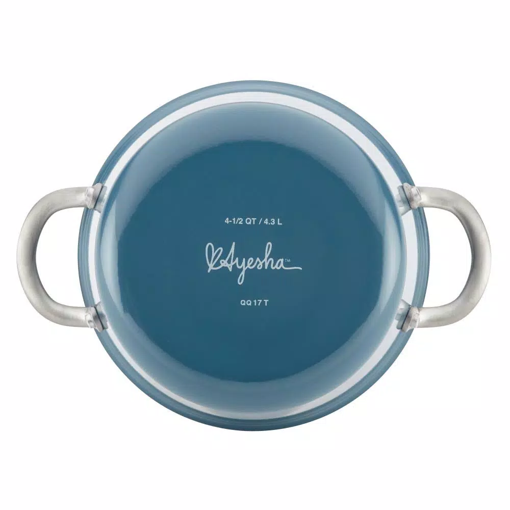 Ayesha Curry Home Collection 4.5 Qt. Twilight Teal Porcelain Enamel Non-Stick Covered Saucepot