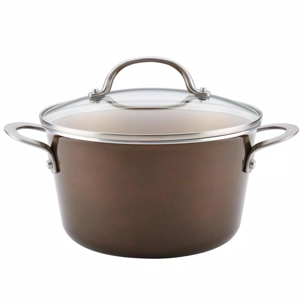 Ayesha Curry Home Collection 4.5 Qt. Brown Sugar Porcelain Enamel Non-Stick Covered Saucepot