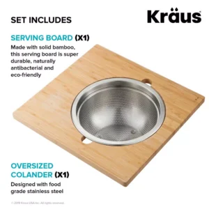 KRAUS 16.75 in. Workstation Kitchen Sink Serving Board Set with Stainless Steel Colander