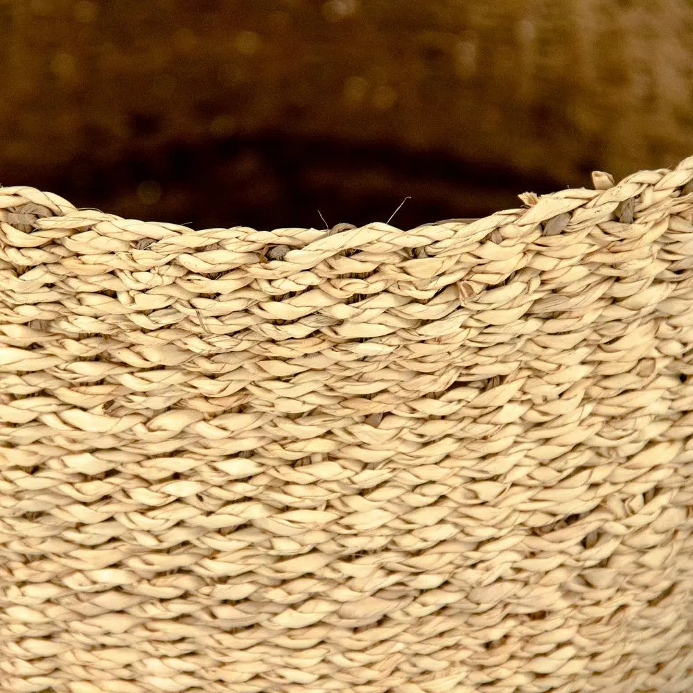 Zentique Concave Hand Woven Wicker Seagrass and Palm Leaf with Dark Pin Stripes Large Basket