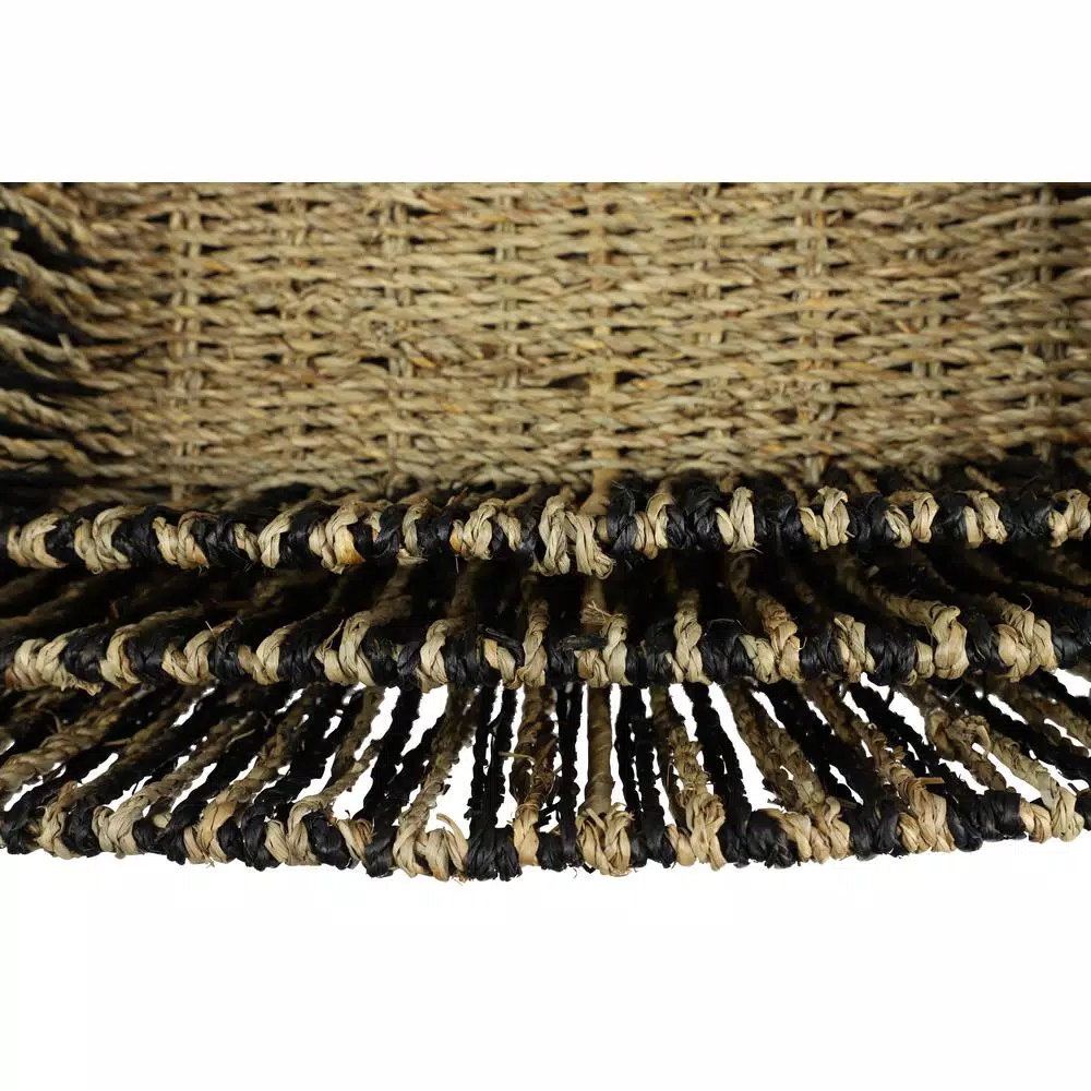 LITTON LANE Rectangular Black and Natural Striped Palm Leaf and Seagrass Basket Trays (Set of 3)