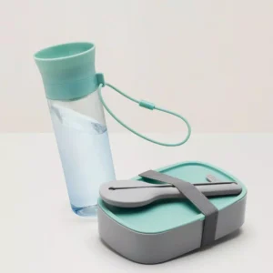 BergHOFF Grey and Green Water Bottle Flatware and Bento Box Leo Lunch Set