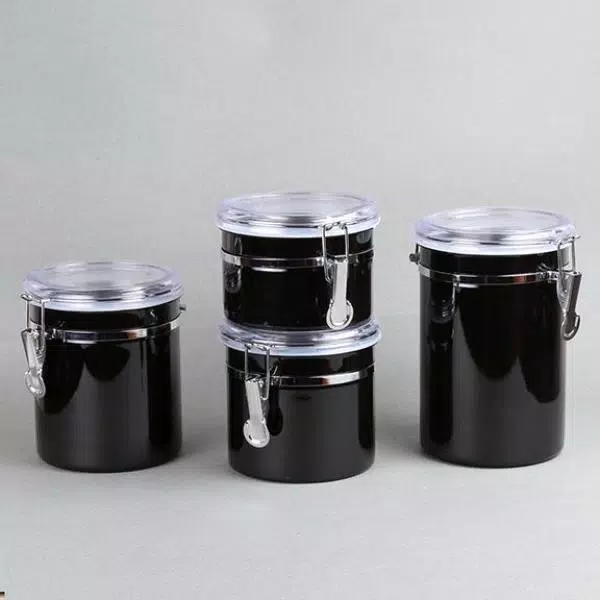 Creative Home Set of 4-Pieces Black Stainless Steel Canister Storage Container with Air Tight Lid and Locking Clamp