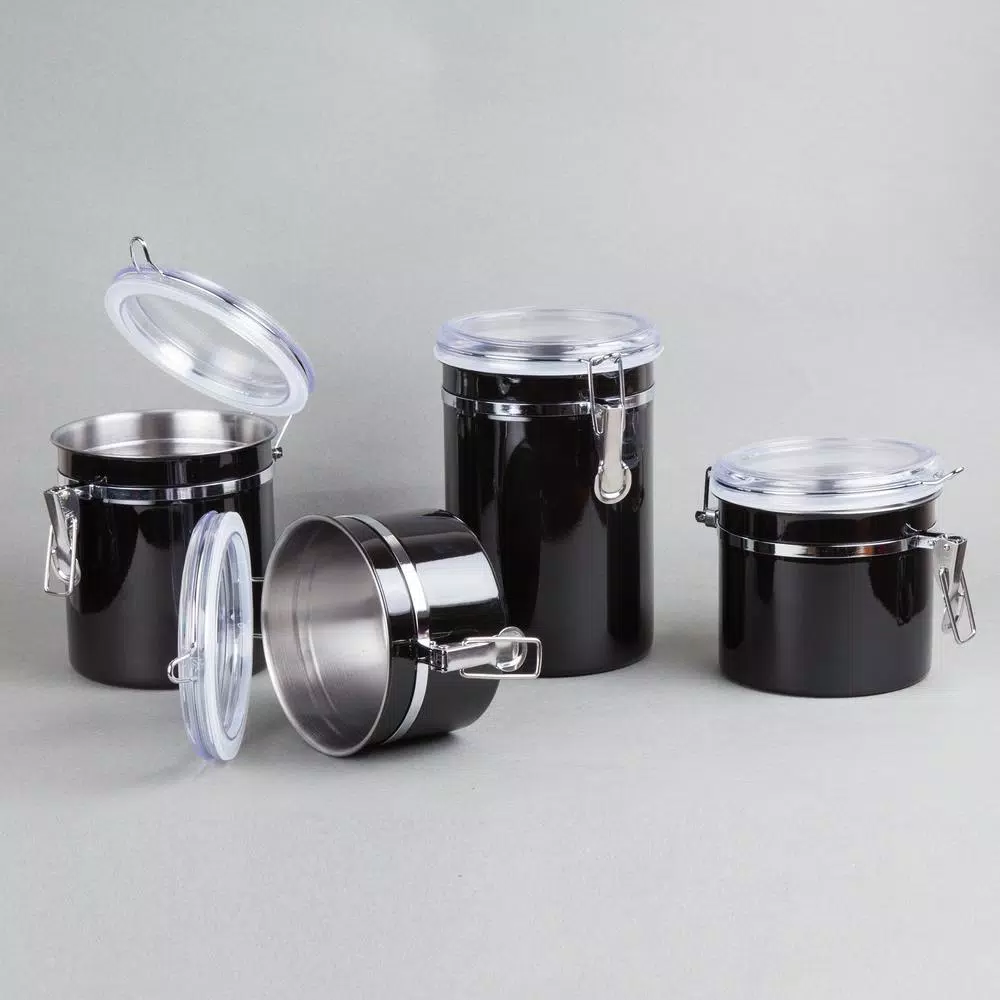 Creative Home Set of 4-Pieces Black Stainless Steel Canister Storage Container with Air Tight Lid and Locking Clamp