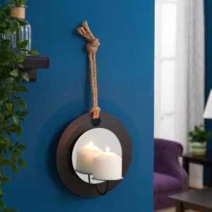 DANYA B Algarve Black Round Pillar Candle Sconce with Mirror and Rope