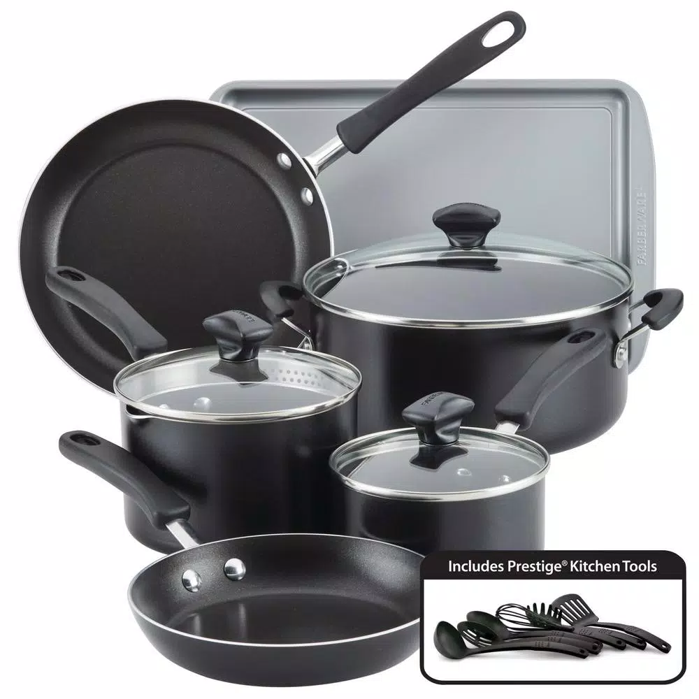 Farberware Cookstart 15-Piece Aluminum Nonstick Cookware Set in Black