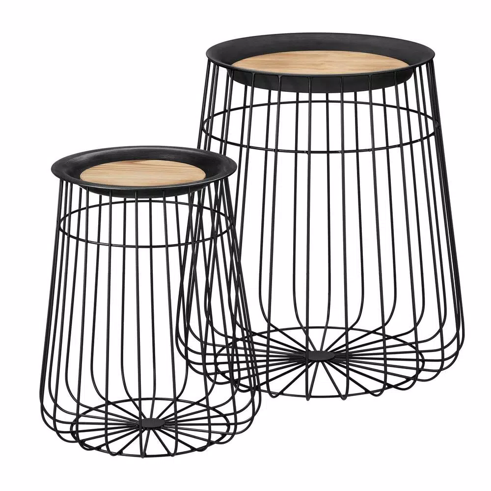 Home Decorators Collection Round Black Metal Decorative Basket with Wood Lid (Set of 2)