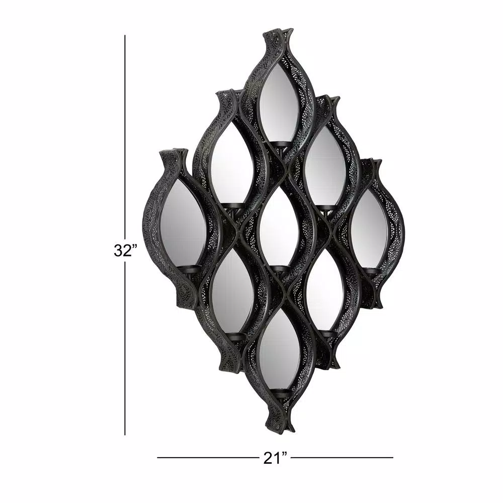 LITTON LANE Eclectic Large Black Diamond Mesh Metal Wall Sconce with Mirrors