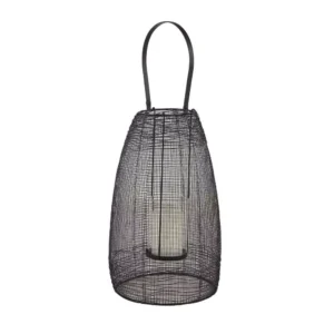 LITTON LANE Large Round Black Mesh Metal Lantern Candle Holder with Handle