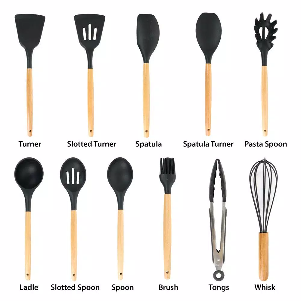 MegaChef Black Silicone and Wood Cooking Utensils (Set of 12)