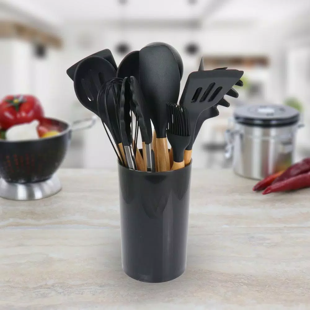 MegaChef Black Silicone and Wood Cooking Utensils (Set of 12)