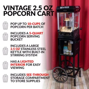 Nostalgia 300 W 2.5 oz. Black Popcorn Cart with 5 Qt. Popcorn Bowl
