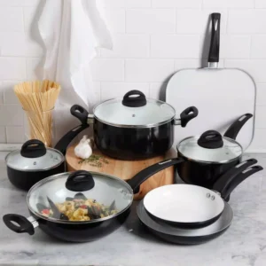 Oster Herstal 11-Piece Aluminum Ceramic Nonstick Cookware Set in Black