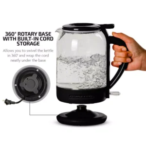 Ovente 6.3-Cup Black Glass Electric Kettle with ProntoFill Technology - Fill Up with the Lid On