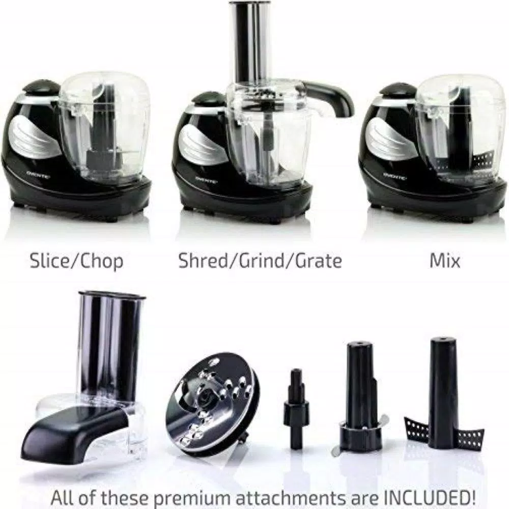 Ovente 1.5-Cup Single Speed Black Mini Food Processor Chopping Blade, Mixer, Shredding/Slicing Disc