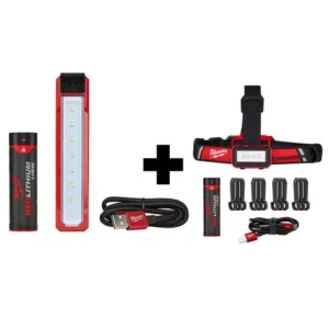 Milwaukee 445 Lumens LED Rover Rechargeable Pocket Flood Light and 600 Lumens LED USB Low-Profile Hard Hat Headlamp (2-Pack)