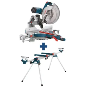 Bosch 15 Amp 12 in. Corded Dual-Bevel Sliding Glide Miter Saw with 60 Tooth Saw Blade and Bonus 32-1/2 in. Portable Stand