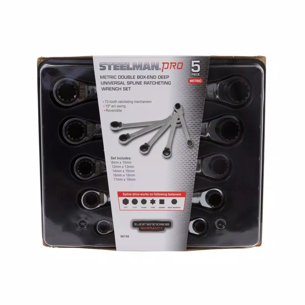STEELMAN PRO Metric Double Box-End Deep Universal Spline Reversible Ratcheting Wrench Set (5-Piece)