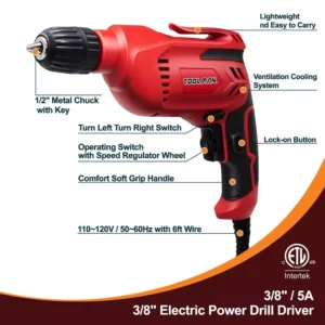 Boyel Living 5 Amp Corded 3/8 in. Red Power Drill Driver Reversible with Lock-on Button