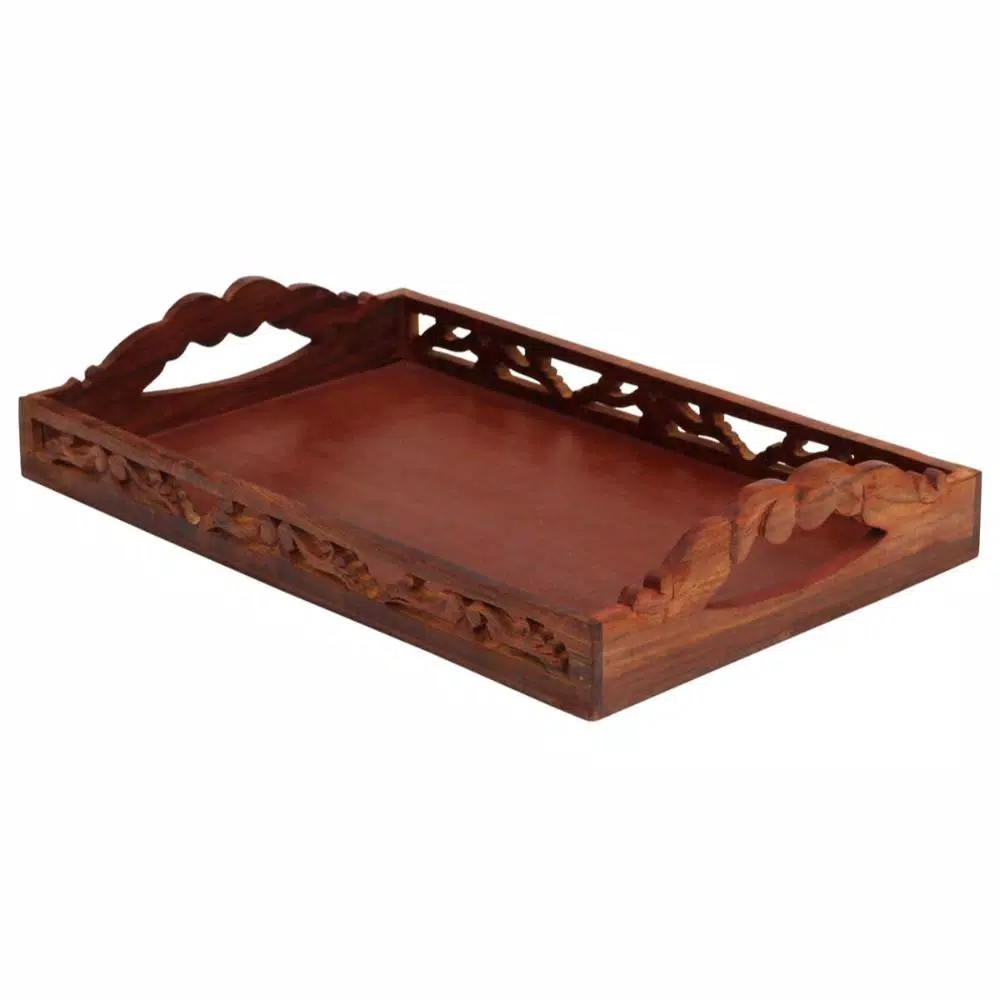 Benzara Carved Brown Wooden Serving Tray with Handles