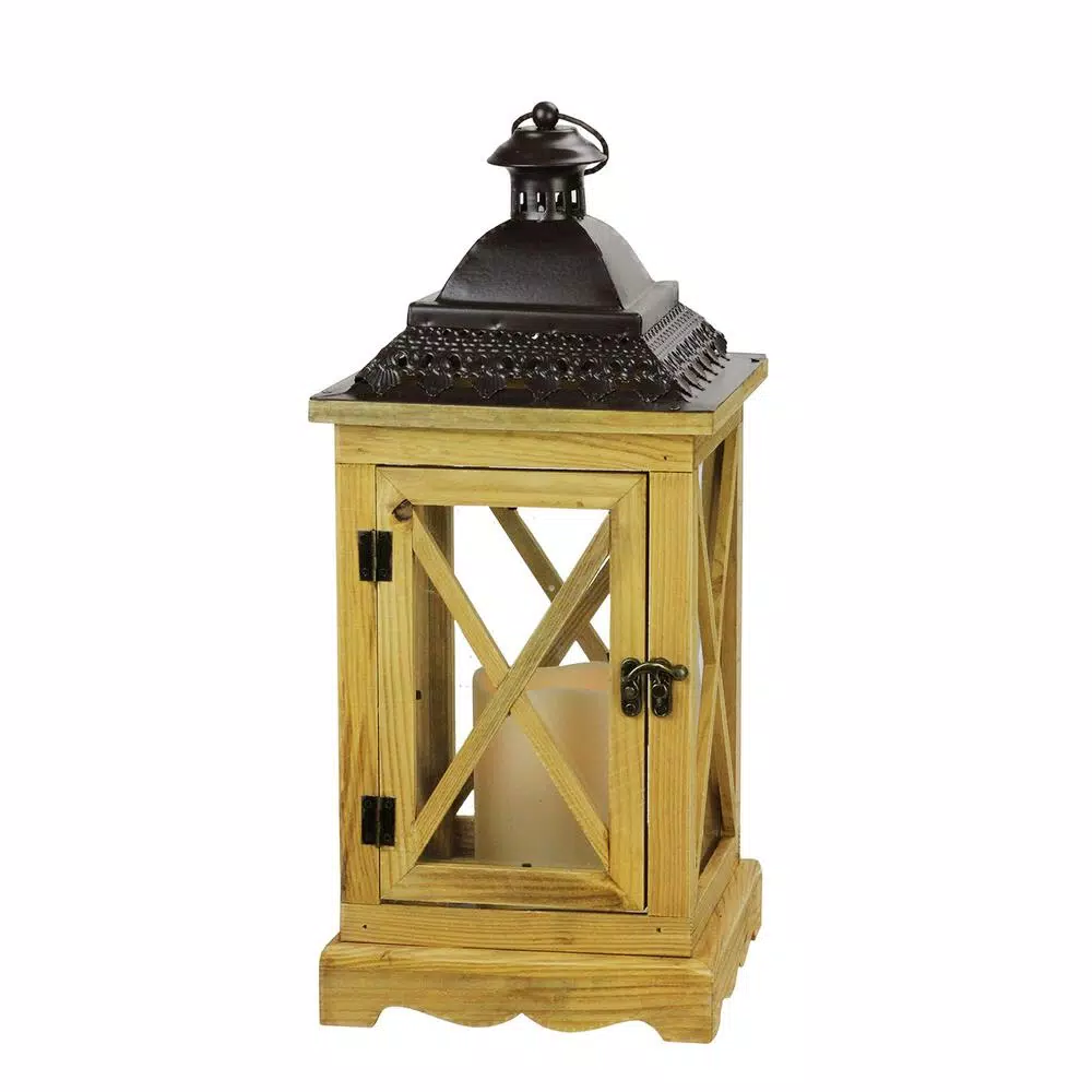 Gerson 17.5 in. Rustic Wooden Lantern with Brown Metal Top and LED Flameless Pillar Candle with Timer