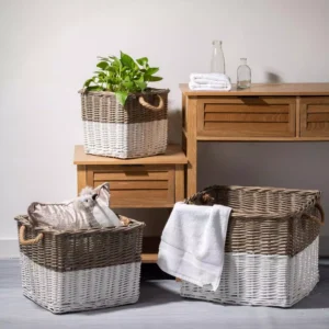Glitzhome Natural/White Square Wicker Baskets (Set of 3)