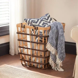Home Decorators Collection Square Natural Bamboo and Leather Decorative Basket with Leather Handles