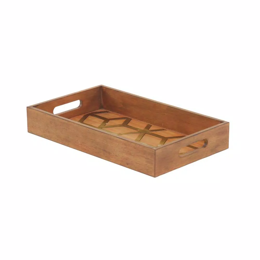 LITTON LANE Stained Brown Decorative Trays with Gold Geometric Patterns (Set of 2)
