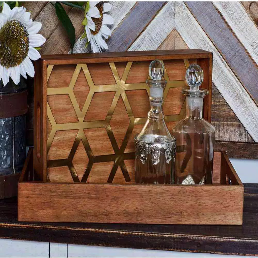 LITTON LANE Stained Brown Decorative Trays with Gold Geometric Patterns (Set of 2)