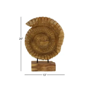 LITTON LANE Brown Nautilus Shell Teak Wood Sculpture on Reclaimed Wood StandB