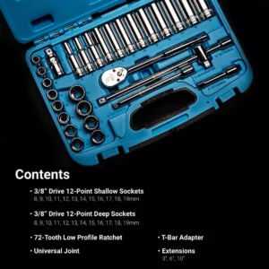 Capri Tools 3/8 in. Drive Metric 12-Point Shallow and Deep Socket Set with Ratchet, Extension Bars and Adapters (29-Piece)