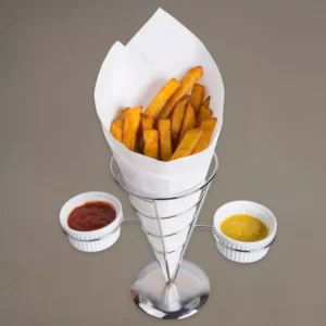 Creative Home Chrome Iron Wire French Fry Set with Single Cone Holder, 2-Ceramic Ramekins for Dipping Sauce