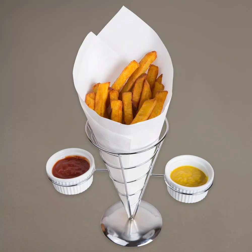 Creative Home Chrome Iron Wire French Fry Set with Single Cone Holder, 2-Ceramic Ramekins for Dipping Sauce