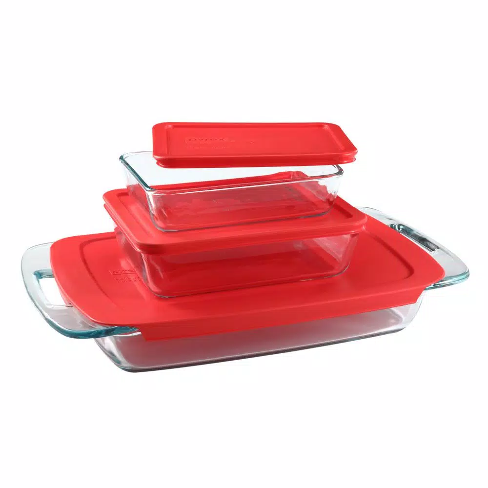 Pyrex Bake N Store 6-Piece Glass Bakeware and Storage Set with Red Lids