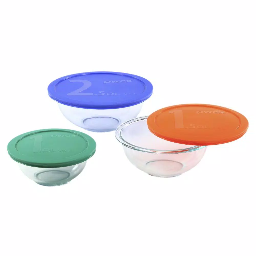 Pyrex Smart Essentials 6-Piece Glass Mixing Bowl Set with Assorted Colored Lids