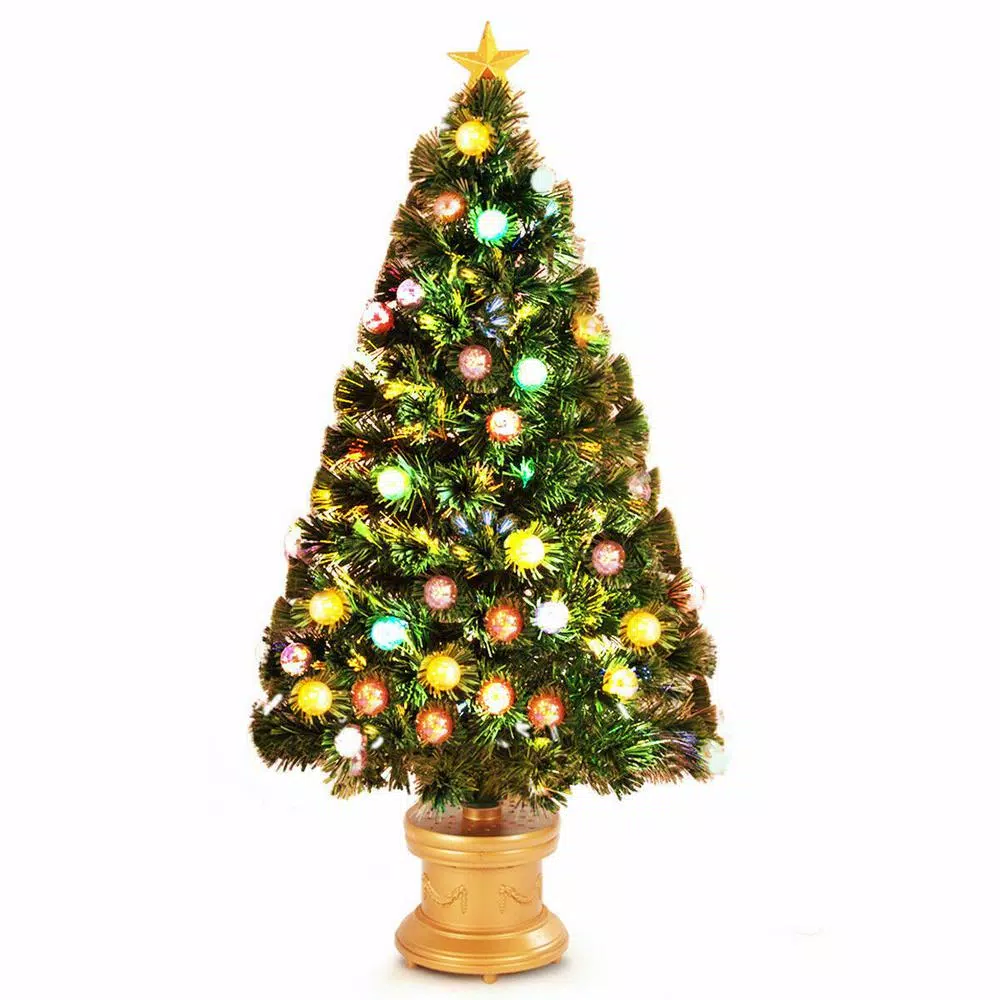 Costway 4 ft. Pre-Lit Christmas Tree Fiber Optical Firework with Ornaments and Gold Top Star