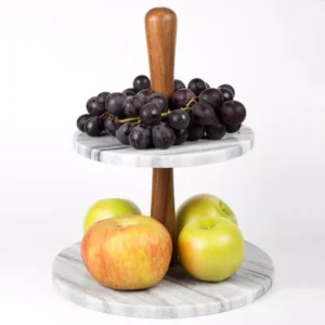 Creative Home 2-Tier Natural Marble and Acacia Wood Cake Dessert Stand, Fruit Plate, Pastry Server, Off-White