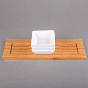 Creative Home 4-Pieces Stoneware Square Bowls and Natural Bamboo Serving Dishes for Parties Rectangular Tray Snack Serving Set