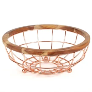 Creative Home Deluxe Acacia Copper Plated Wood and Iron Wire Fruit Basket Fruit Bowl