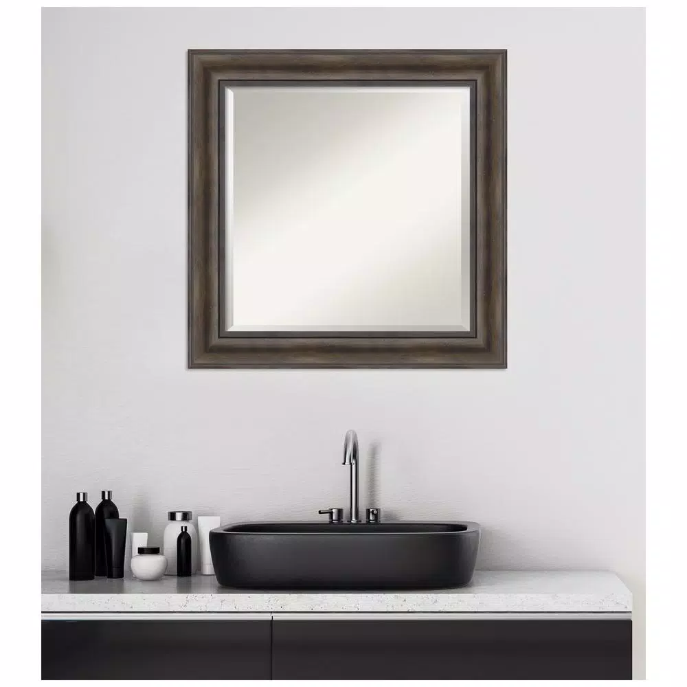 Amanti Art Rustic 25 in. W x 25 in. H Framed Square Beveled Edge Bathroom Vanity Mirror in Dark Brown Distressed