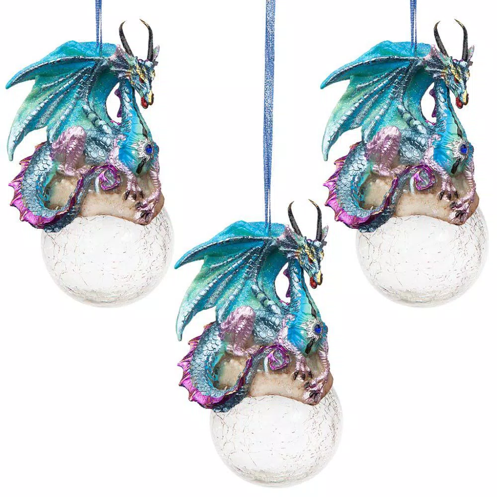 Design Toscano 5 in. Frost, the Gothic Dragon Holiday Ornament (3-Piece)